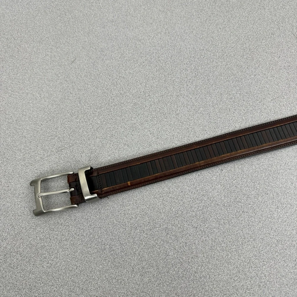 Mezlan Belt Mens 34 Brown Leather Dress Striped Texture Silver Buckle 1.25 *FLAW